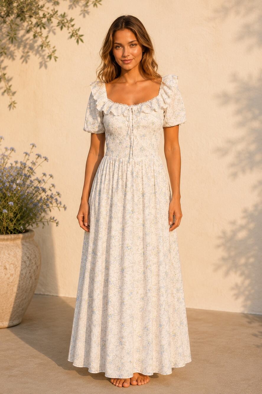 Rosie Posie Blue Floral Maxi Dress L NWT Puff Sleeve Smocked Cottagecore